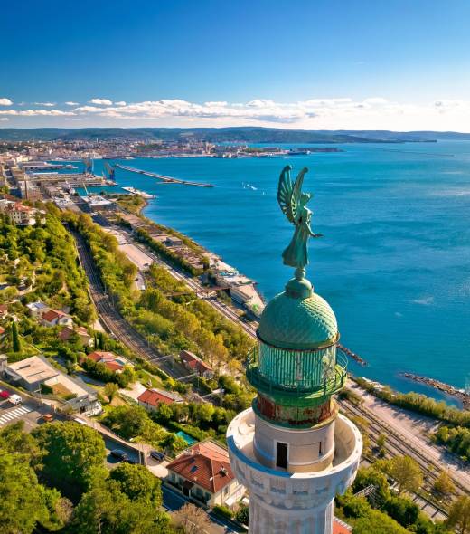 Trieste,Lighthouse,Phare,De,La,Victoire,And,Cityscape,Panoramic,Aerial
